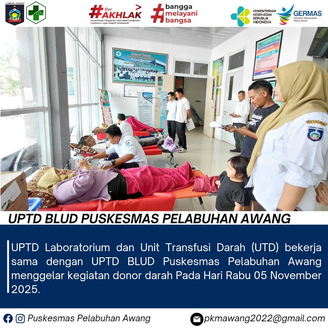 UPTD Laboratorium dan Unit Transfusi Darah (UTD) bekerja sama dengan UPTD BLUD Puskesmas Pelabuhan Awang menggelar kegiatan donor darah 